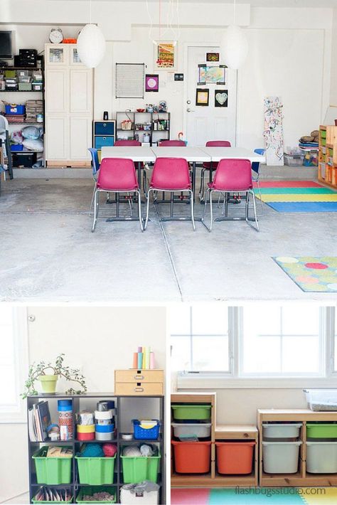 How To Transform Your Garage Into An Amazing Kids' Art Space Garage School Room, Garage Playroom Conversion, Garage Clubhouse, Garage Art Studio Ideas, Outdoor Playroom, Playrooms Ideas, Kids Art Station, Art Studio Ideas, Homeschooling Organization