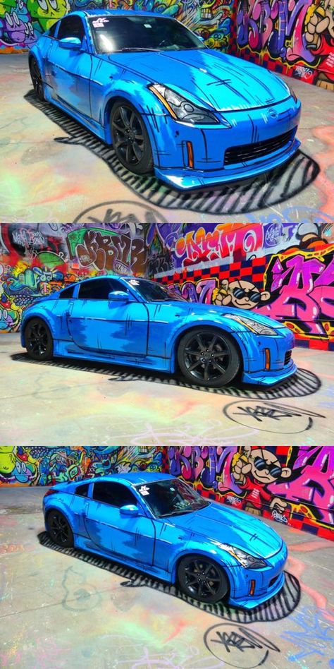 Hand-Painted Nissan 350Z Looks Like A Cartoon Drawing. The bold design was inspired by Japanese Manga animation. Cartoon Paint Job Car, Anime Car Paint Job, Car Paint Jobs Ideas, S15 Drawing, Car Paint Design, Car Painting Ideas, Cool Car Paint Jobs, Cars Painting, Manga Painting