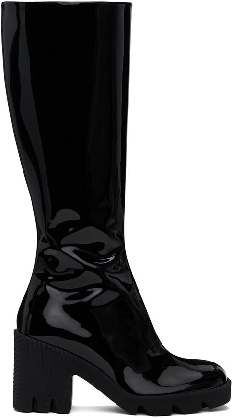 Burberry: Black Leather Stride Boots | SSENSE Canada Couture Heels, Burberry Boots, Black Patent Leather Boots, Patent Leather Boots, Burberry Black, Boot Brands, Burberry Women, Black Patent Leather, Black Boots