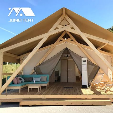 Wall Tent Interior, Glamping Tents For Sale, Luxury Safari Tent, Wood Tent, Yurt Ideas, Bell Tent Glamping, Glamping Luxury, Yurt Home, Triangle Structure