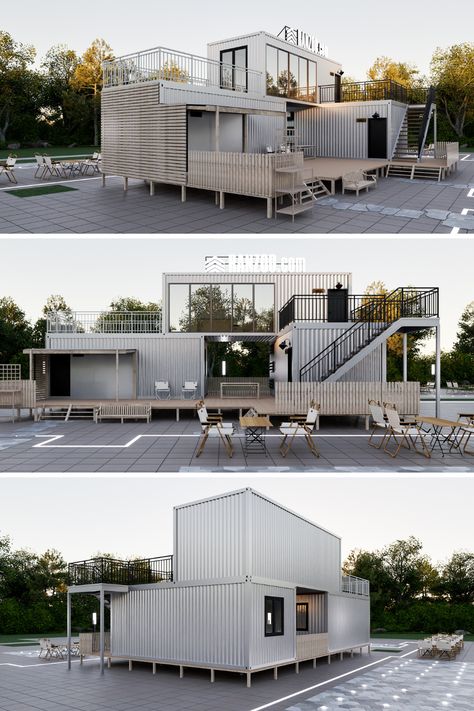 A cluster of three silver containers forming a small, modular building complex suitable for both office and entertainment use. The design is modern, compact, and adaptable to various environments. Container Office, Container Houses, Vacation Cabin, Modular Building, Construction Cost, Container Homes, Public Building, Shop Office, Office Building