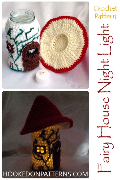 Crochet Fairy Garden Free Pattern, Crocheted Fairy Lights, Fairy House Night Light, Crochet Night Light, Crochet Mushroom Decor, Crochet Fairy Pattern, Crochet House Decor, Crochet Fairy House, Crochet Lights