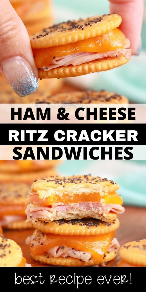 Collage of hand holding a Ritz cracker sandwich at top and stack of Ritz cracker sandwiches at bottom. Ritz Cracker Ham And Cheese Sliders, Ritz Cracker Party Sandwiches 12 Tomatoes, Ritz Cracker Sandwiches, Wedding Sandwiches, Ritz Sandwiches, Cracker Sandwiches, Ham And Cheese Sandwiches, Toast Aperitif, Crackers Appetizers