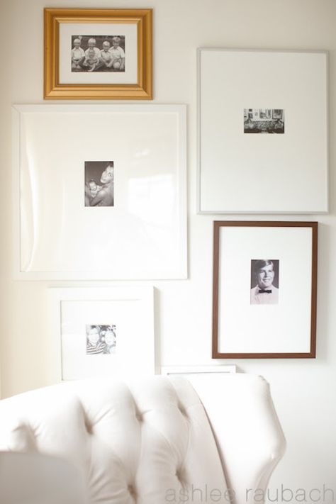 Nursery White Walls, Brown Nursery, Calm Nursery, Family Photo Wall, Old Family Photos, Dreamy Whites, Gallery Wall Inspiration, White Nursery, Beautiful Nursery