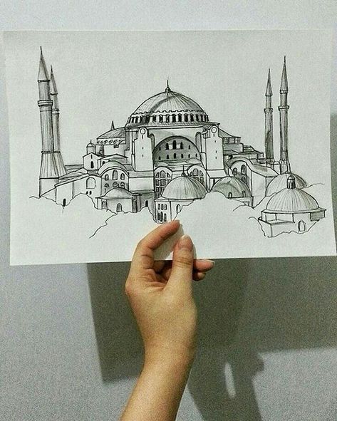 Hagia Sophia Istanbul Drawing, Hagia Sophia Sketch, Hagia Sophia Drawing, Architecture Drawing Presentation, Mosque Art, Islamic Art Canvas, Watercolor Architecture, Architecture Sketchbook, Islamic Caligraphy Art