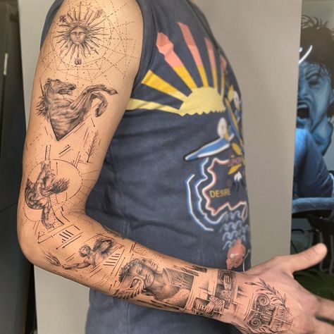 Greek God Realism Tattoo, Geometric Bible Tattoo, Roman Patchwork Tattoo, Greek Patchwork Tattoo Sleeve, Roman Greek Tattoos, Greek Line Tattoo, Bible Tattoo Sleeve, Roman Tattoo Men, Greek Mythology Patchwork Tattoos