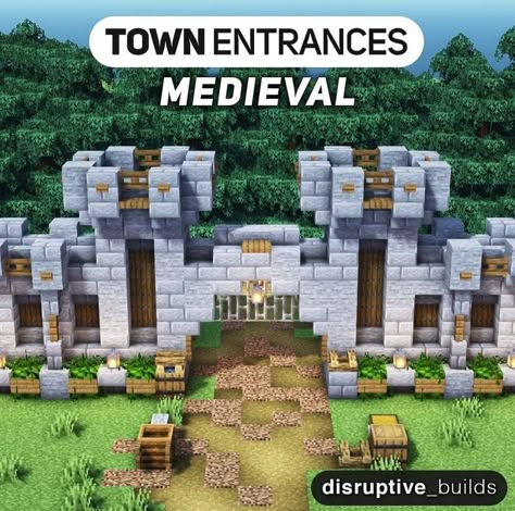 Minecraft Town Entrance Ideas, Town Entrance, Minecraft Wall Designs, Mc House, Minecraft Wall, Minecraft Banner Designs, Bangunan Minecraft, Minecraft Banners, Minecraft Castle