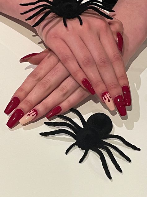 Red and nude blood drip nails Drip French Tip Nails, Blood Drop Nails, Blood Drip Nails, Tip Nails Almond, Drop Nails, French Tip Nails Almond, Blood Drip, Blood Drop, Drip Nails