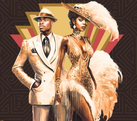 Black Women 1920s Fashion, Roaring 20s Party Outfit Couple, 1920s Fashion Black Women, Harlem Nights Theme Party Outfit, The Roaring 20s Aesthetic, Harlem Nights Attire, Great Gatsby Photoshoot, Harlem Nights Outfits, 1927 Fashion