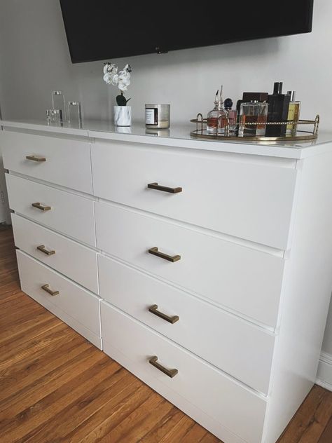 My Ikea Malm Hack - Down with Dana Bedroom Chest Of Drawers Styling Modern, Malm With Handles, Ikea Malm 4 Drawer Dresser Hack, Malm 4 Drawer Dresser Hack, Chest Of Drawers Organisation, Malm 4 Drawer Dresser, Bedroom Chest Of Drawers Styling, Ikea Hacks Malm, Drawer Cabinet Bedroom