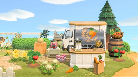 Photo from animal crossing game of a veggie and fruit truck stall Acnh Vegetable Stall Code, Acnh Produce Stall, Acnh Vegetable Stall, Animal Crossing Fruit Stand, Acnh Fruit Stand, Acnh Farmers Market, Farmcore Acnh, Acnh Market, Carrot Farm