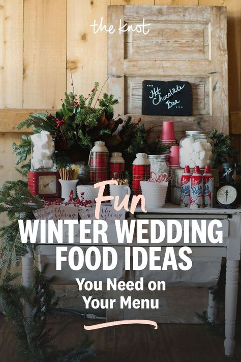 Winter Wedding Games For Guests, Winter Wedding Food Stations, Winter Wedding Catering Ideas, Christmas Wedding Menu Ideas, After Wedding Breakfast Ideas, Hot Chocolate Bar Wedding Reception, Rustic December Wedding Ideas, Winter Wedding Appetizers, Winter Wedding Hot Chocolate Bar