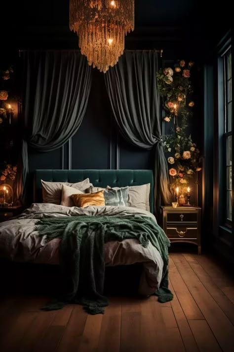 Goth Bedroom Ideas, Gothic Bedroom Ideas, Dark Romantic Bedroom, Dark Academia Bedroom, Whimsy Goth Bedroom, Academia Bedroom, Whimsical Gothic, Moody Home, Whimsical Bedroom