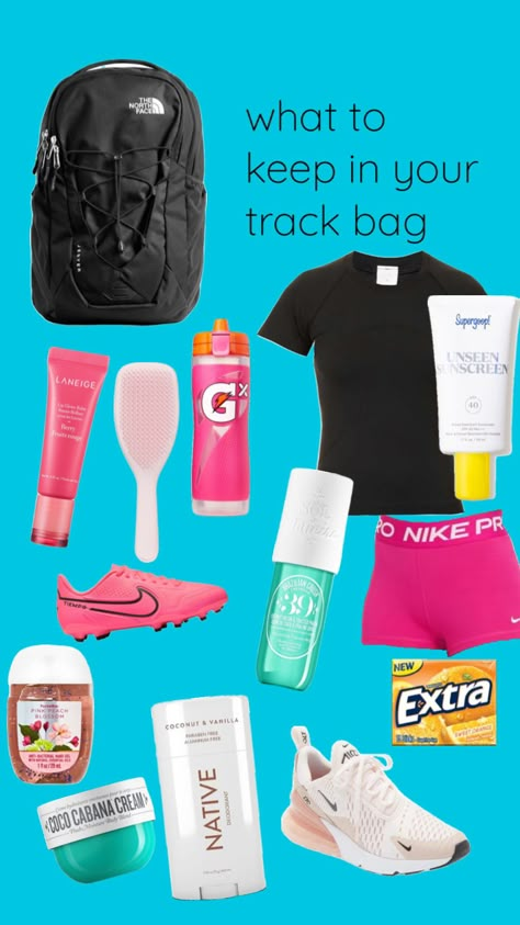 What To Pack In Track Bag, Track And Field Essentials, Running Bag Essentials, Track Tryouts Outfits, Whats In My Track Bag, What’s In My Track Bag, What To Pack For A Track Meet, Track Meet Bag Checklist, Track Must Haves