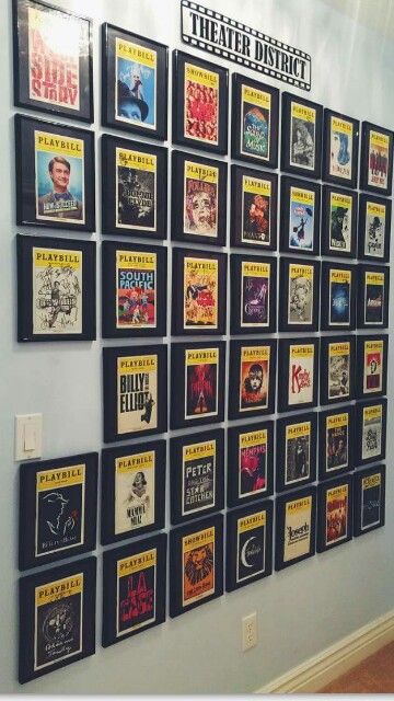 Playbills. love personal touches in a home Playbill Display Ideas, Playbill Wall, Playbill Decor, Playbill Display, Broadway Bedroom, Broadway Themed Room, Decorating Stairway Walls, Movie Room Decor, Apartment Needs