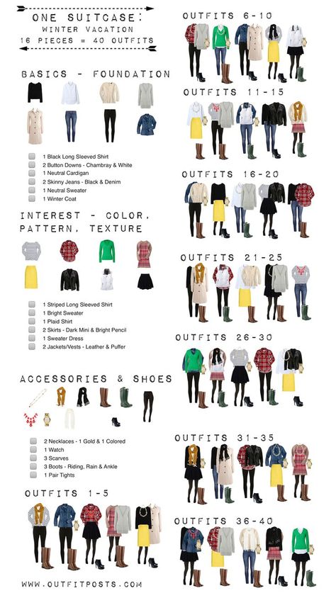 Outfit Posts: one suitcase: winter vacation - checklist graphic Vacation Checklist, One Suitcase, Travel Capsule, Black Long Sleeve Shirt, Winter Vacation, Travel Wardrobe, Winter Travel, Packing Light, 가을 패션