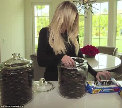 A must-have: The reality star has previously shared a tutorial for arranging cookie jars on her app Khloe Cookie Jars, Oreo Jar Kardashian, Khloe Kardashian Cookie Jar, Kardashian Cookie Jars, Oreos In A Jar Decoration, Khloe Kardashian Cookie Jar Decor, Oreo Cookie Jar Display, Glass Cookie Jars Display, Oreo Jar