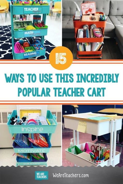 A teacher cart has become the must-have educator's accessory, and it's easy to see why! Get creative ideas to personalize and use one this year. #classroom #classroomideas #classroomsetup #teachercart #creative #teaching #teacher Teacher Carts Organization, Teacher Rolling Cart, Teacher Cart, Portable Classroom, Teacher Storage, Teacher Desk Organization, Classroom Desk, Craft Cart, Teacher Must Haves