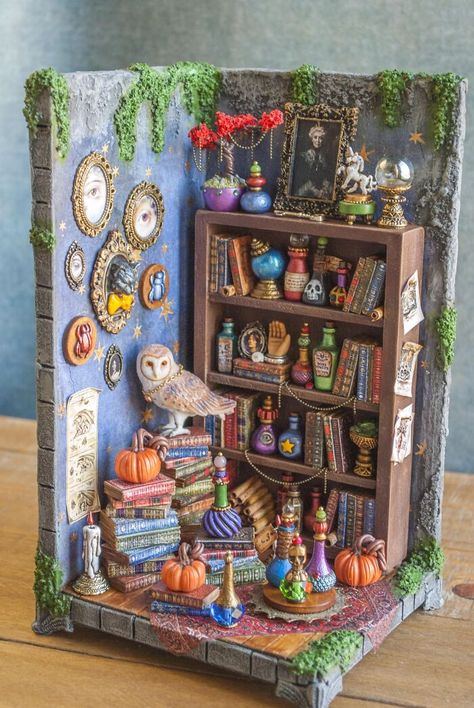 Owl Diorama, Wizard Library, Potion Room, Witch Cabinet, Library Magic, Room Diorama, Secret Library, Magic Room, Bookshelf Insert