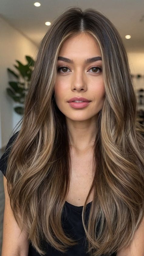 Hairstyle For Face Type, Brown Long Hair Extensions, Contour Hair Highlights, Cool Toned Brown Balayage, Long Medium Haircut, Long Length Haircut For Thick Hair, Medium Long Hair Cuts, Medium Length Hair Balayage, Face Frame Balayage