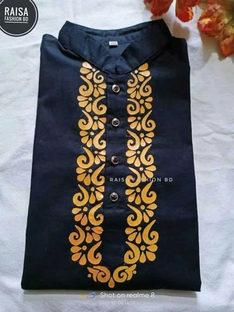 Simple Panjabi Design Men, Fabric Painting On Kurta For Men, Hand Paint Panjabi For Men, Hand Painted Punjabi For Men, Panjabi Fabric Painting, Kurta Drawing, Kurta Painting Design For Man, Kurti Painting Design, Punjabi Embroidery