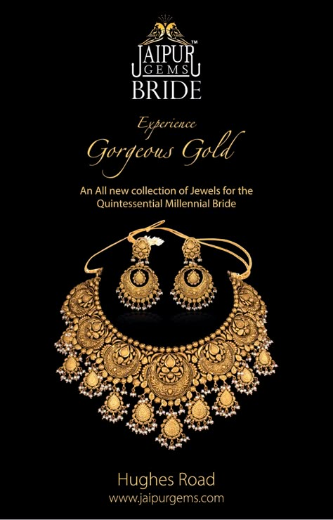 Necklace Ads, Gold Jewellery Design Necklaces Bridal, Gold Jewellery Advertisement, Bombay Design Gold Jewellery, Jewellery Poster, Luxury Gold Plated Bridal Necklace For Festive Occasion, Luxury Gold Bridal Necklace For Festivals, Traditional Antique Gold Bridal Necklace For Festive Season, Jaipur Gems Jewellery