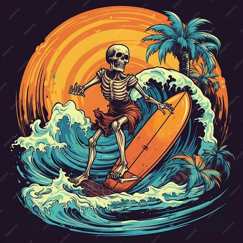 Skeleton On The Beach, Surf Wave Illustration, Rib Illustration, Beach Skeleton, Skeleton Vector, Surfing Illustration, Surfing Skeleton, Skull Images, Happy Skull