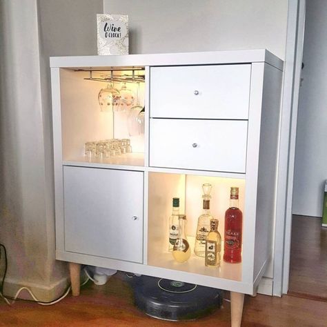 Diy Coffee Bar Ikea Hack, Ikea Kallax Bar Cart, Kallax Mini Bar, Ikea Kallax Kitchen Hack, Ikea Kallax Bar Hack, Ikea Kallax Coffee Bar, Ikea Bar Ideas, Kallax Ikea Ideas Kitchen, Kallax Bar Hack