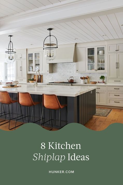 There are a ton of different ways to bring shiplap wall paneling into your kitchen design, whether you want a neutral paneled look or one with heaps of trendy color. #hunkerhome #shiplap #shiplapideas #kitchenshiplap Verticle Shiplap Backsplash Kitchen, Shiplap Kitchen Ideas, Kitchen Paneling Ideas, Shiplap In Kitchen, Kitchen Shiplap, Shiplap Wall Paneling, Shiplap Ideas, Green Countertops, Shiplap Kitchen