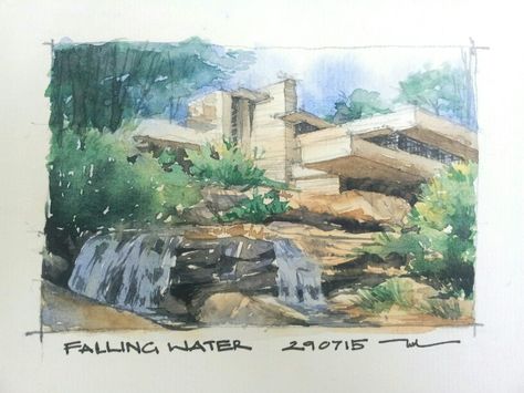 [29.07.2015] Falling Water #watercolor Frank Lloyd Wright Falling Water, Art Ks2, Landscape Markers, Fallingwater House, Falling Water Frank Lloyd Wright, Falling Water House, Markers Drawing Ideas, Landscape Design Drawings, Brush Pen Art