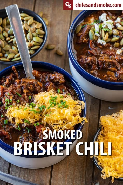 Smoked Brisket Chili Recipe, Beef Brisket Chili, Brisket Chili Recipe, Smoked Brisket Chili, Cold Soups, On The Smoker, Smoked Chili, Chili Beans, Brisket Chili