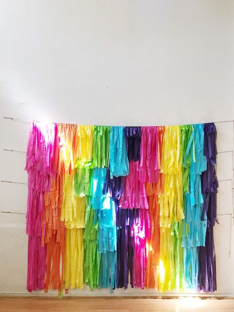 Free Shipping Backdrop includes Thinner cut strands 4 strands (rope is a little over 8ft in length) length: longest pieces are 4ft long Various lengths throughout the strands Please see last photo for color wheel. For customs just make a note to us at checkout with your backdrop colors Backdrop Fringe, Tie Dye Birthday Party, Photo Backdrop Birthday, Streamer Wall, Tissue Garland, Candy Theme Birthday Party, Dibujos Toy Story, Tassel Wall, Trolls Party