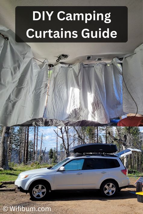 DIY Camping Curtains Guide, the top half of the image shows inside an SUV with curtains drawn. The bottom half of the images is a white SUV with a black roof rack showing reflectix window inserts. Car Camping Window Covers, Diy Car Window Cover, Diy Car Camping, Camping Curtains, Subaru Camping, Windshield Shade, Diy Awning, Stealth Camping, Minivan Camping