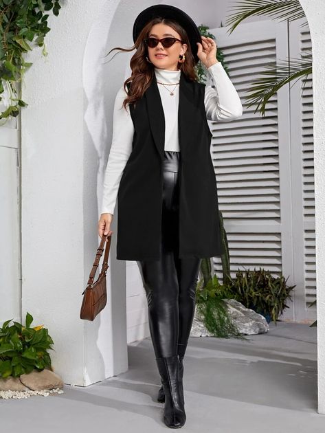 Long Black Vest Outfit, Black Vest Outfit, Fall Coat Outfit, Long Black Vest, Sleeveless Blazer Vest, Plus Size Blazers, Vest Outfits For Women, Blazer Plus Size, Button Shawl