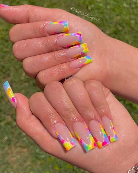 Tie Dye Nails Acrylic, Tie Dye Tips, Nails Funky, Nail Vibes, Bday Nails, Tapered Square Nails, Tie Dye Nails, Square Nail Designs, Tapered Square