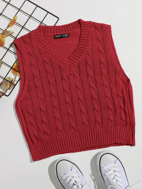 Cable Knit Sweater Vest, Red Sweater Vest, Red Sweater Vest Outfit, Red Vest Outfit, Vest Outfits Aesthetic, Sweater Vest Outfit, Diy Summer Clothes, Sleeveless Sweater Vest, Red Vest