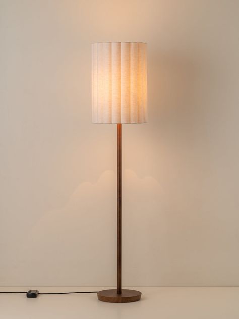 Folia - walnut wood and scalloped natural linen floor lamp | Floor Lamp | Lights & Lamps Inc | USA Linen Pendant, Linen Design, Floor Lamp Bedroom, Charred Wood, Lamp Floor, Wood Floor Lamp, Modern Lighting Design, Floor Lamp Design, Brass Table Lamps