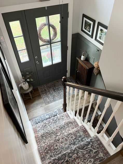 Stair Landing Entryway, Split Level Home Layout, Farmhouse Split Level Entry, Split Ranch Entryway Ideas, Split Level Entryway Stairs, Rustic Split Level Entryway, Bilevel Stairs Split Entry, How To Make A Split Level Cute, Bilevel Entryway Decor