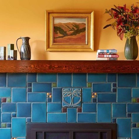 Old House Journal on Instagram: "Talk about a statement fireplace! We’re admiring this Caribbean Blue tile surround by @Motawi_Tileworks. For design inspiration, browse Motawi’s stunning portfolio of projects at the linkinbio. ⁠ ⁠ ⁠ ⁠ #motawi #motawitileworks #motawitile #tile #craftsman #craftsmanstyle #craftsmaninterior #craftsmanhome #fireplacedesign #fireplaceideas #fireplacegoals #tilefireplace" Statement Fireplace, Motawi Tile, House Journal, Craftsman Interior, Blue Tile, Craftsman Bungalows, Caribbean Blue, Craftsmen Homes, Fireplace Tile