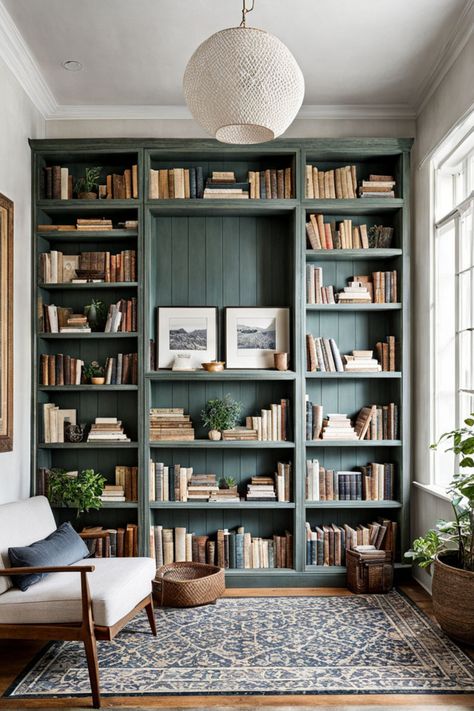 Modern home library idea with a neutral color palette Corner Bookshelves Built In, Old English Library Study, Wall To Ceiling Bookshelves, Library Banquette, Bedroom Into Library, Home Office And Library Ideas, Bookcase Color Ideas, Home Library Office Ideas, Green Reading Room