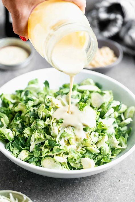 5-Ingredient Tahini Maple Dressing Maple Dressing, Honey Roasted Almonds, Fun Foods To Make, Vegan Salad Dressing, Shredded Brussel Sprouts, Paleo Recipe, For Keeps, Healthy Salad Dressing, Honey Roasted