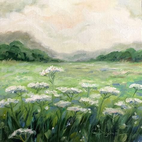 Flower Meadow Watercolor, Spring Meadow Painting, Wild Flower Meadow Painting, Green Oil Painting Aesthetic, Green Art Aesthetic Painting, Green Painting Aesthetic, Green Aesthetic Painting, Green Flower Painting, Flower Meadow Painting