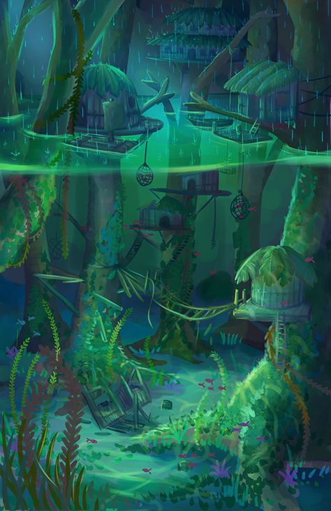 Underwater Village Art, Underwater Environment Concept Art, Jungle Village Concept Art, Water Environment Concept Art, Water Village Concept Art, Fantasy Landscape Water, Fantasy Water Village, Water Village Fantasy Art, Water World Fantasy Art