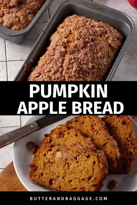 Elevate your baking game with our Crumb Topped Pumpkin Apple Bread recipe. It's moist, healthy, and packed with the flavors of fall, making it the ideal treat for any occasion. Get the recipe for Pumpkin Apple Bread at butterandbaggage.com. Pumpkin Apple Loaf Recipe, Apple Pumpkin Recipes, Apple Pumpkin Bread, Pumpkin Apple Bread, Savory Brunch Recipes, Autumn Treats, Sweet Brunch, Healthy Pumpkin Bread, Apple Bread Recipe