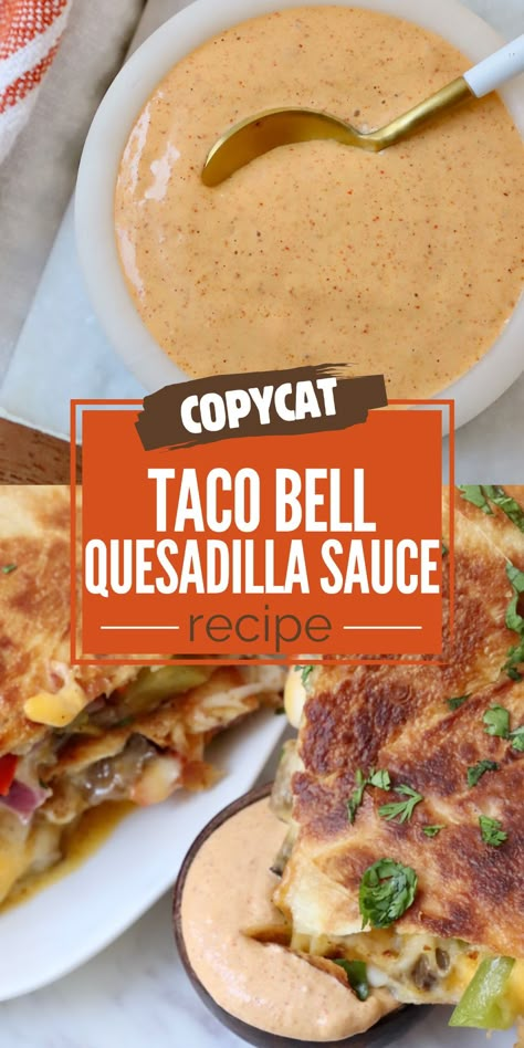 Blend up this copycat recipe for Taco Bell Quesadilla Sauce in just 5 minutes! This easy homemade creamy jalapeno sauce is the perfect dipping sauce for quesadillas and taquitos. It's also great for drizzling over tacos or nachos! Chicken Quesadillas Taco Bell, Taco Bell Quesadilla Sauce, Taco Sauce Recipes, Quesadilla Sauce, Taco Bell Quesadilla, Creamy Jalapeno Sauce, Copycat Taco Bell, Taco Bell Recipes, Creamy Jalapeno