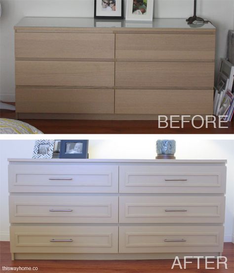 Ikea Malm Before and After | http://thiswayhome.co Bedroom Makeover Before And After, Ikea Dresser Makeover, Ikea Furniture Makeover, Ikea Malm Dresser, Hack Ikea, Malm Dresser, Ikea Dresser, Ikea Furniture Hacks, Ikea Malm