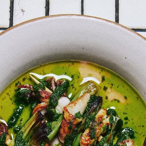 Dame on Instagram: "Squid & scallion skewers with parsley oil for dipping. Perfect with our savory new sherry martini. 📷 by @ihatealexlau" Parsley Oil, Skewers, Parsley, Recipe Ideas, Martini, Restaurant, On Instagram, Instagram