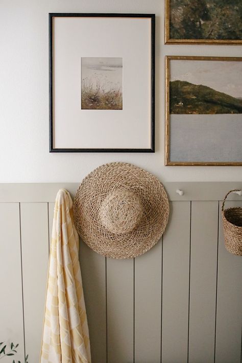 Easy Weekend Mudroom Refresh with a DIY Peg Rail and Shiplap Wall - Chelsey Freng Diy Peg Rail, Shiplap Hallway, Mini Mudroom, Fill Nail Holes, Peg Wall, Peg Rail, Easy Weekend Projects, Installing Shiplap, Shaker Pegs