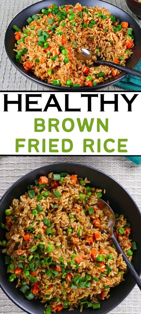 Brown bowl with fried rice and carrots, peas and green onions with text "healthy brown fried rice". Vegan Brown Rice Recipes, Asian Brown Rice, Brown Rice Side Dish Recipes, Brown Rice Instant Pot, Rice Recipes Healthy, Brown Rice Side Dish, Brown Rice Dishes, Instant Pot Brown Rice, Rice Recipes Side