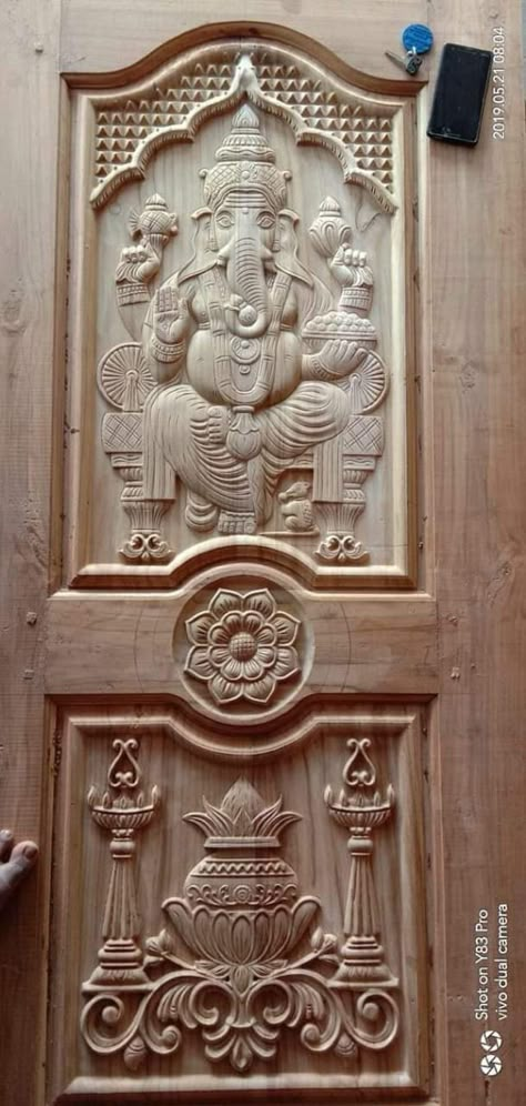 Main Door Design Entrance Ganpati, Main Door Ganapathi Design, Main Door Design Modern Front Entry Double Door, Cnc Door, Main Door Design Photos, Pooja Door, Wood Front Entry Doors, Pooja Door Design, Drawing Room Ceiling Design